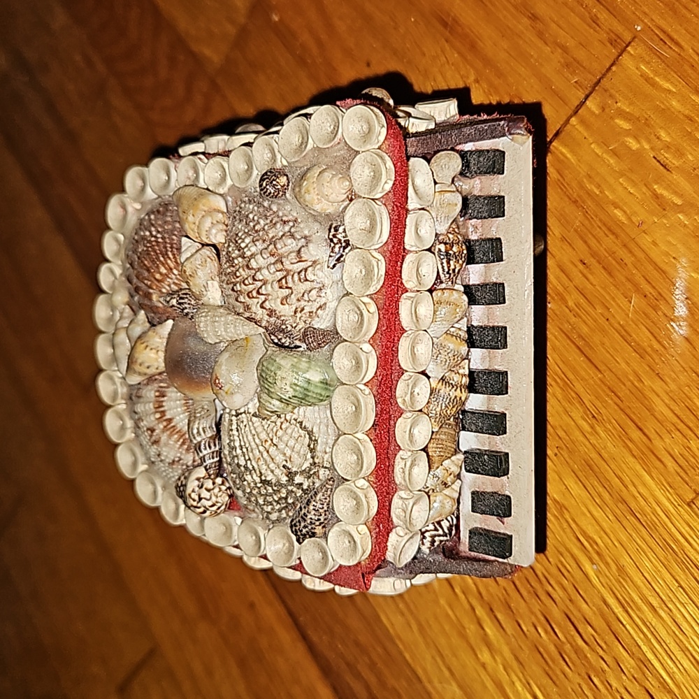 Vintage Shell Covered Piano Trinket Box with Red Velvet Interior